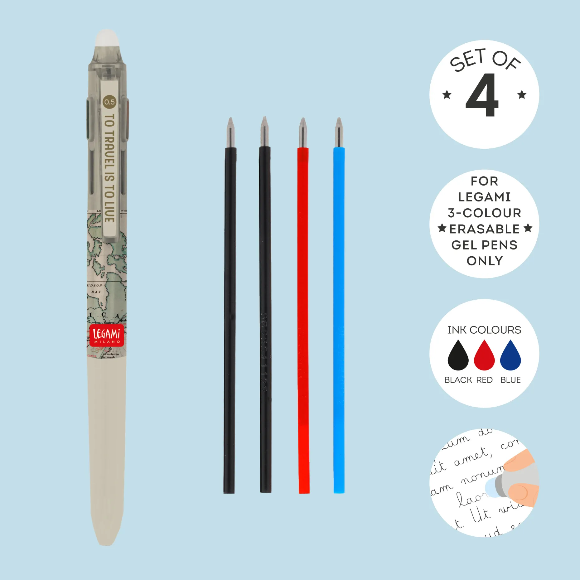Set di 4 Refill per Penna Gel Cancellabile 3 Colori